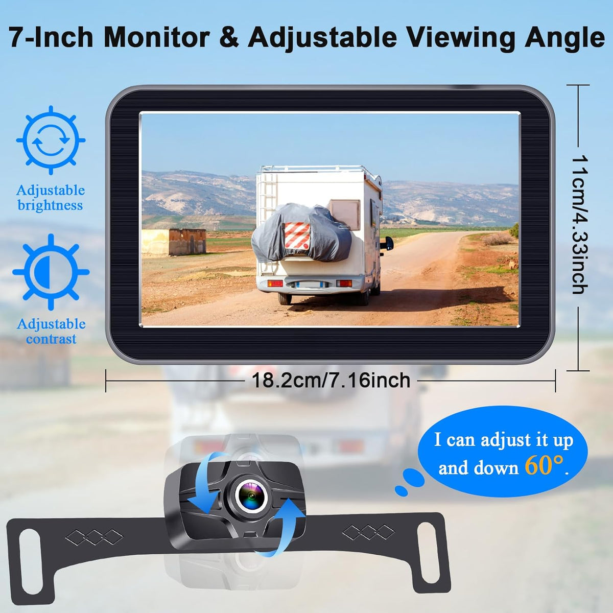 7-Inch Wireless Backup Camera for Truck - 2 Channel, DIY Grid Lines, HD 1080P, Night Vision, IP69K