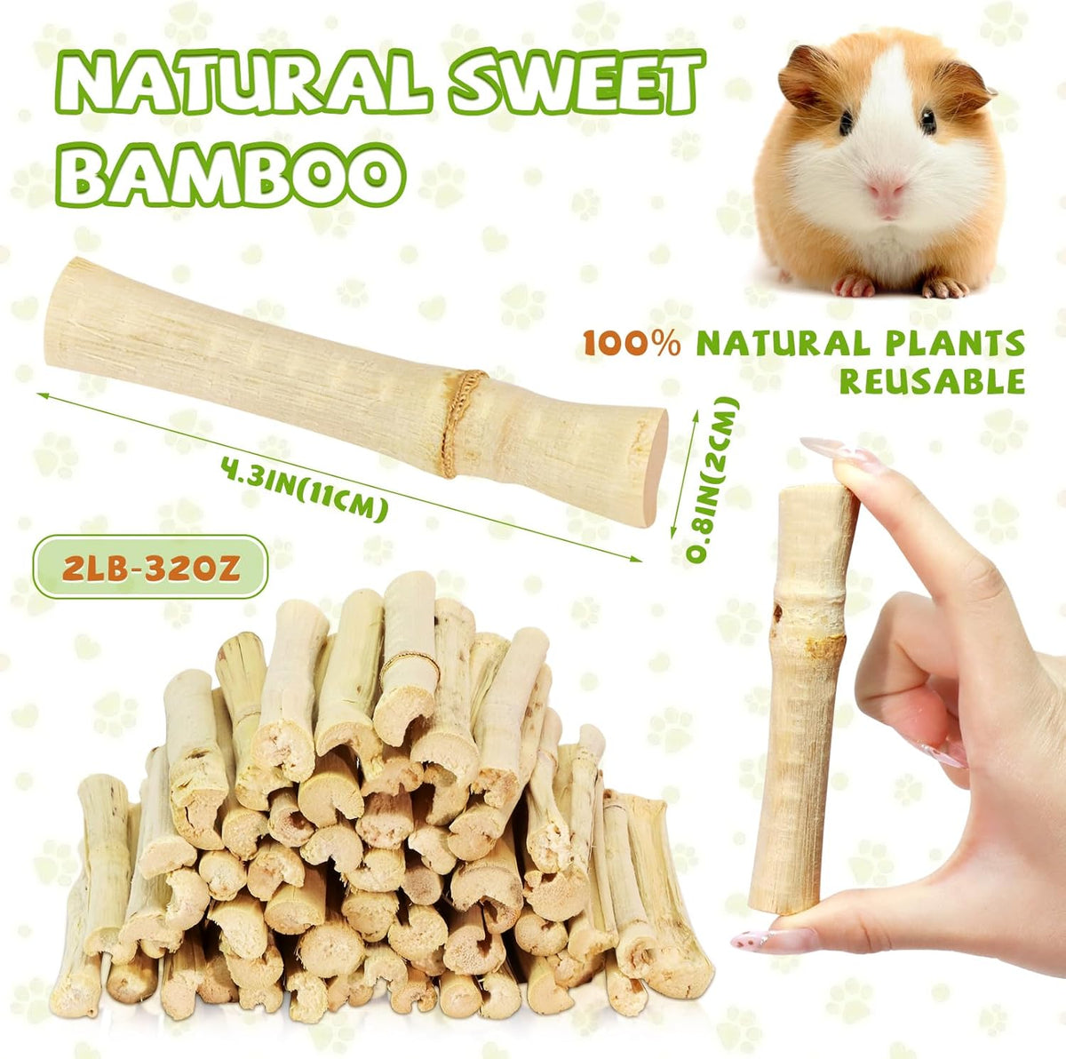 2lb Natural Sweet Bamboo Chew Toys for Small Pets - Organic Molar Sticks with Xylose & Vitamins for