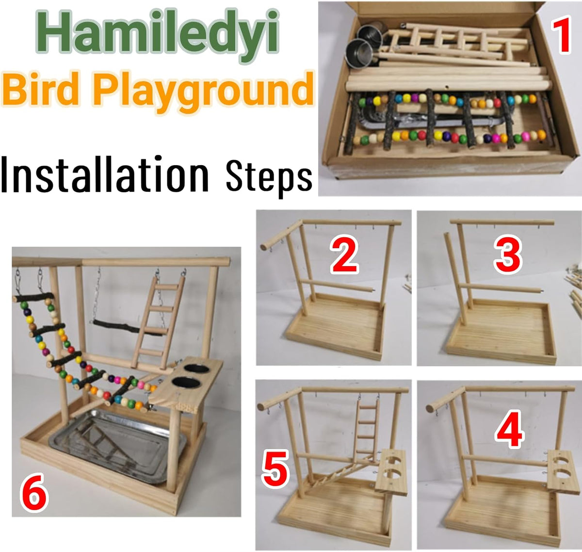 Hamiledyi Parrots Playground Bird Play Gym Wood Perch Stand Colours Climb Ladders Swing Chewing