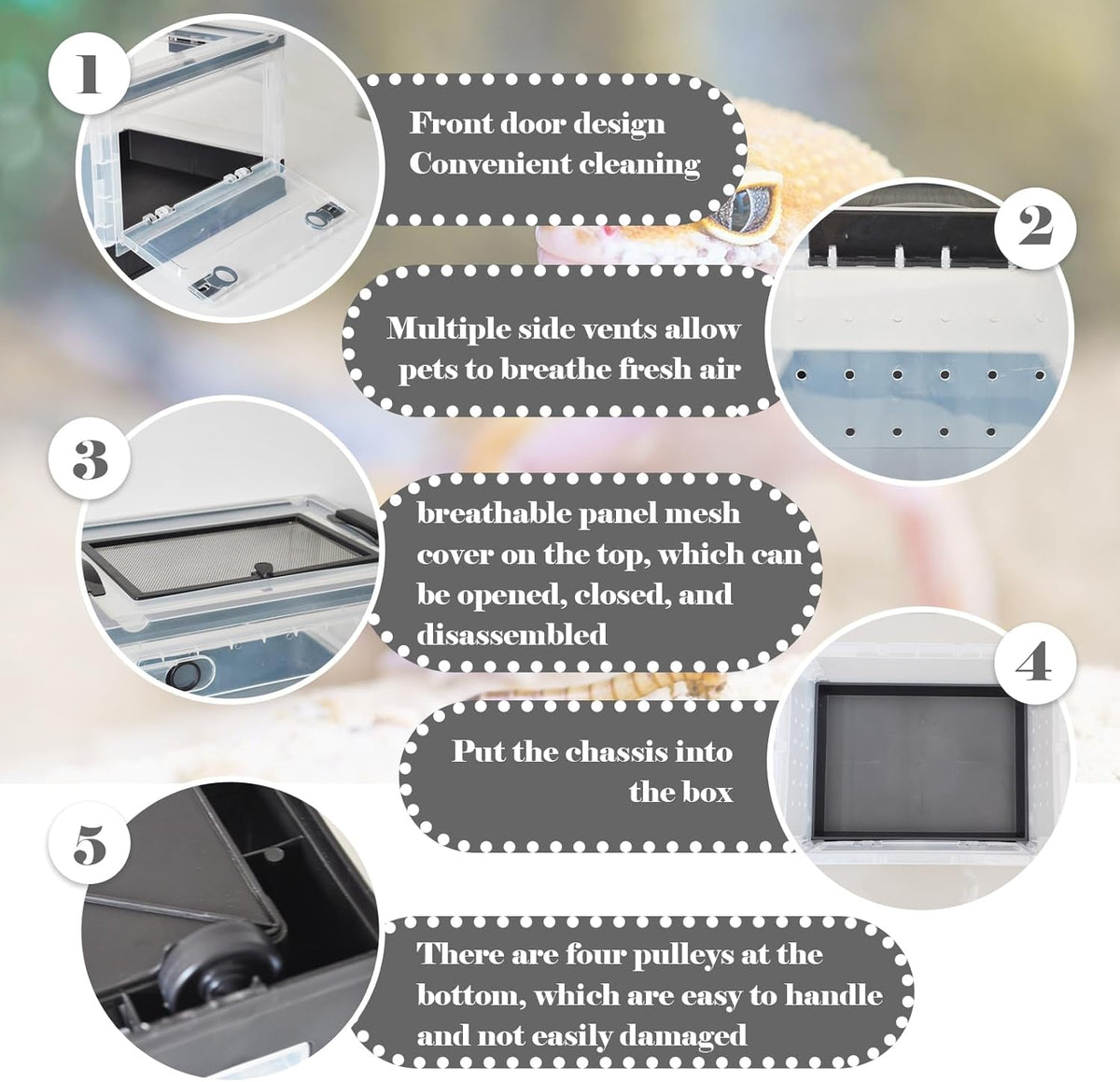 PINVNBY Plastic Reptile Feeding Box with Wheels,Reptiles Breeding Enclosure Cages Transparent