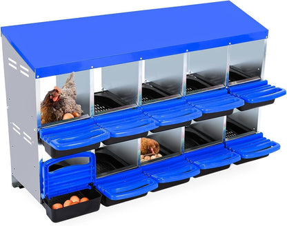 Chicken Nesting Boxes, 10 Hole Metal Chicken Laying Box with with Removable Trays and Roll Out Egg