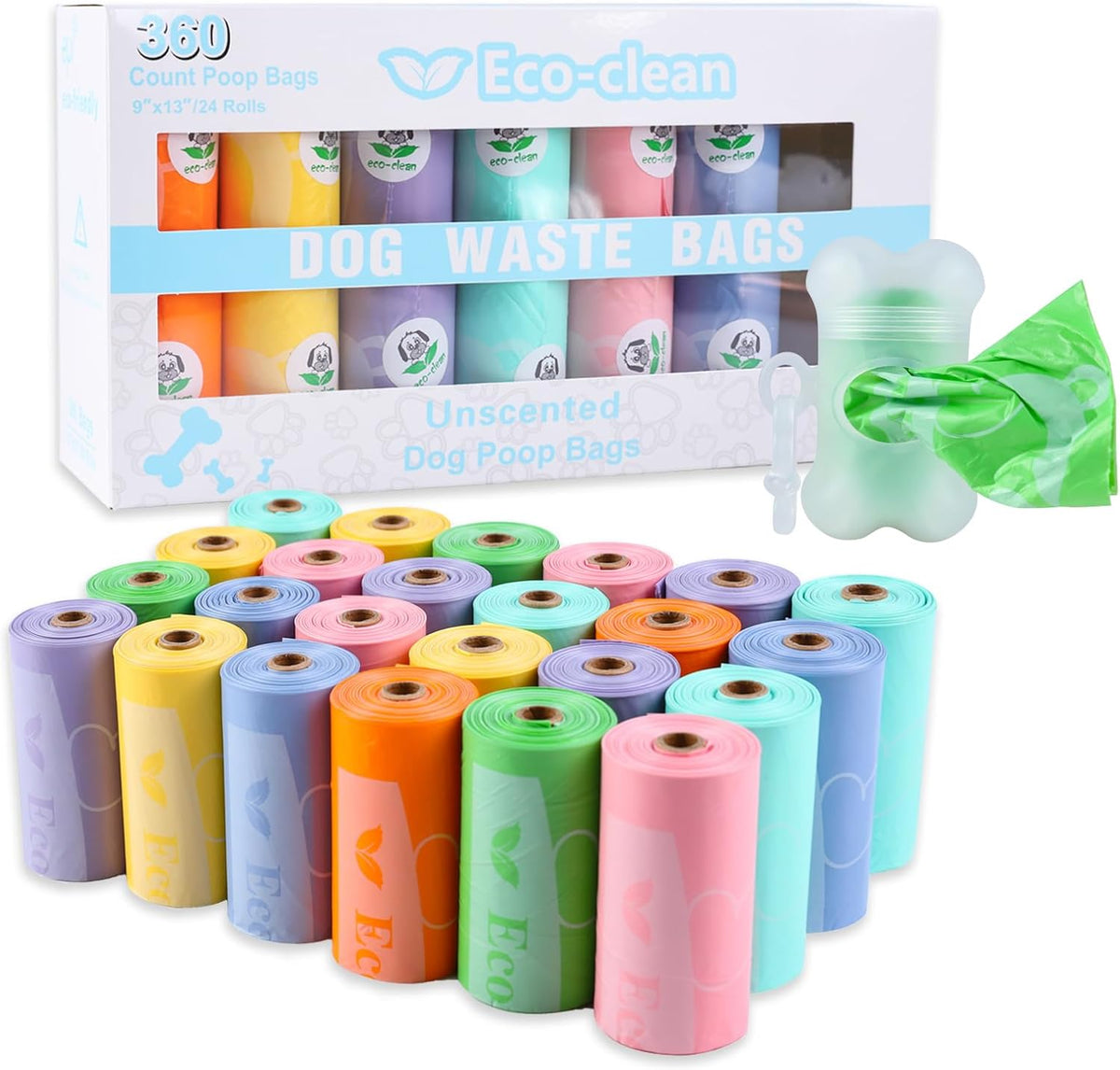 ECO-CLEAN 360 Count Dog Poop Bags with Dispenser, Leak-Proof, Unscented, 0.2 Ltr Capacity
