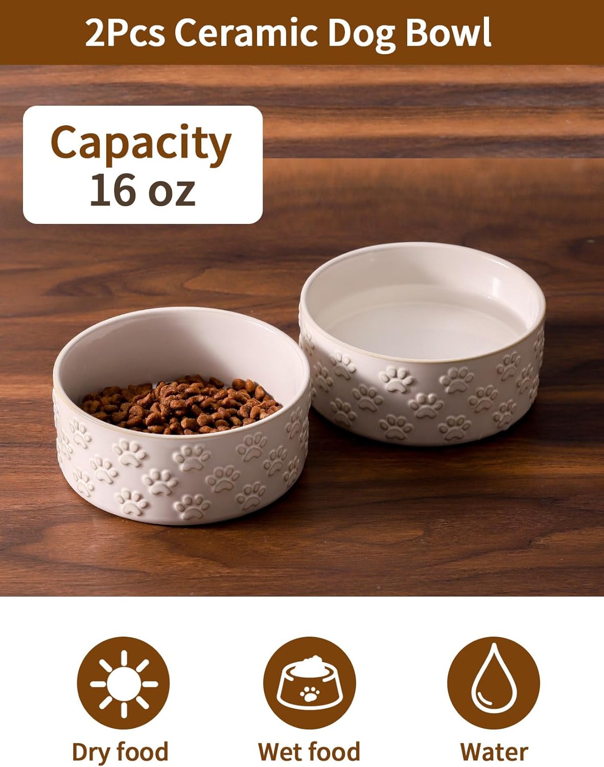 UBEE Ceramic Dog Bowl Set of 2, 5.1 inch Dog Dish Food Bowl with Paw Pattern, Pet Food Water Dish