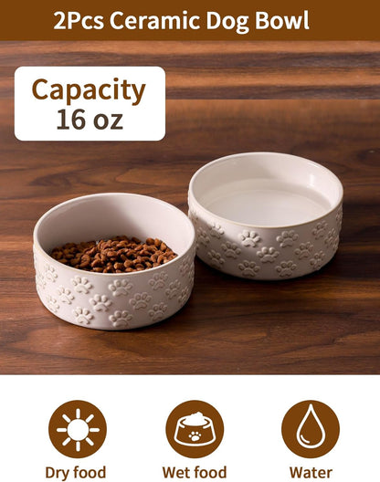 UBEE Ceramic Dog Bowl Set of 2, 5.1 inch Dog Dish Food Bowl with Paw Pattern, Pet Food Water Dish