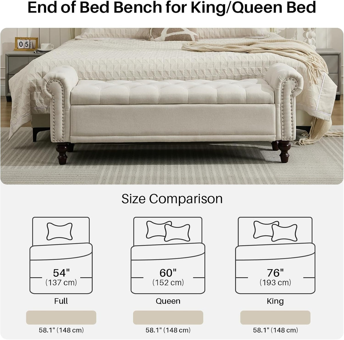 58.1'' Storage Bench Upholstered Linen End of Bedroom Bed Bench Ottoman with Tufted Cushioned