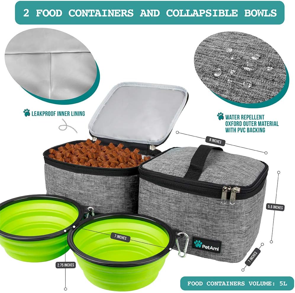 PetAmi Dog Travel Bag, Travel Pet Bag Organizer, Dog Food Travel Bag with Food Container and Bowls