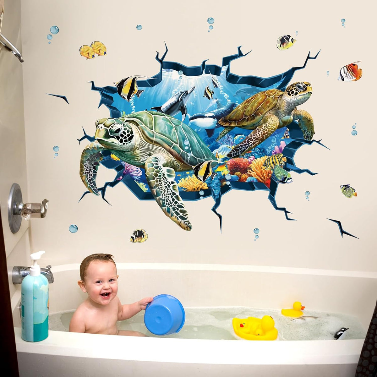decalmile 3D Under The Sea Turtle Wall Decals Underwater Ocean Fish Broken Wall Stickers Kids