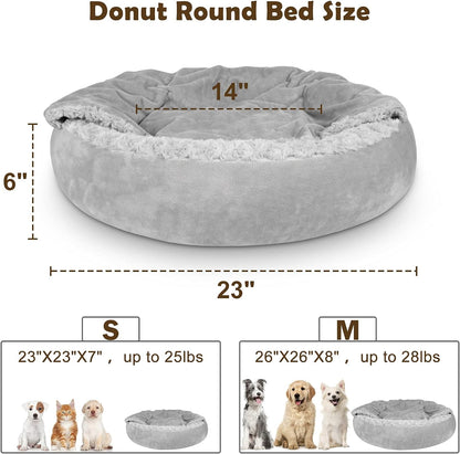 JOEJOY Small Dog Bed Cat Bed with Hooded Blanket, Cozy Cuddler Luxury Puppy Pet Bed, Donut Round