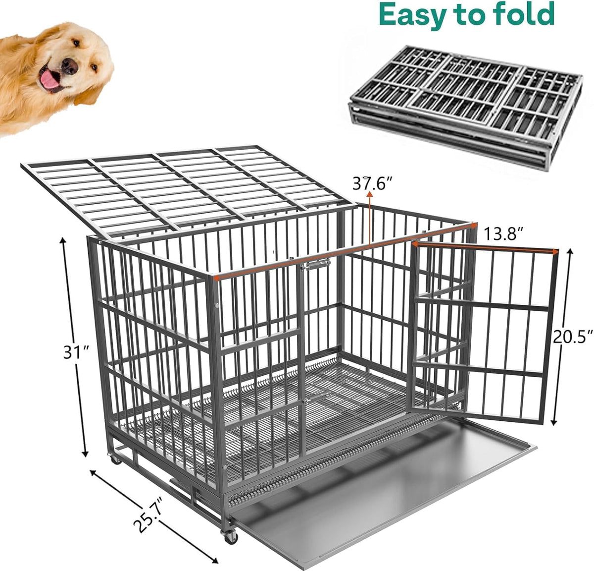 Oranland 38 Inch Heavy Duty Indestructible Dog Crate Cage Kennel with Wheels, High Anxiety Dog
