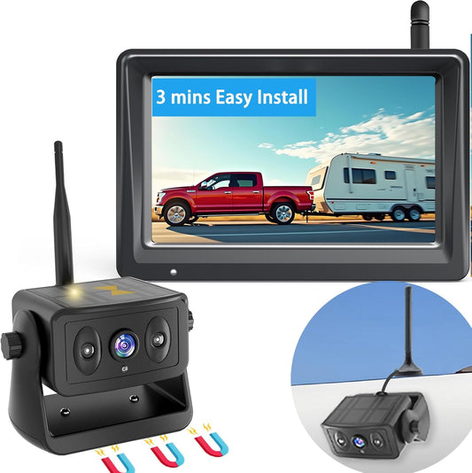 Wireless Backup Camera for Trucks & RVs, Solar - Powered - Magnetic, Portable, No - Drill, No