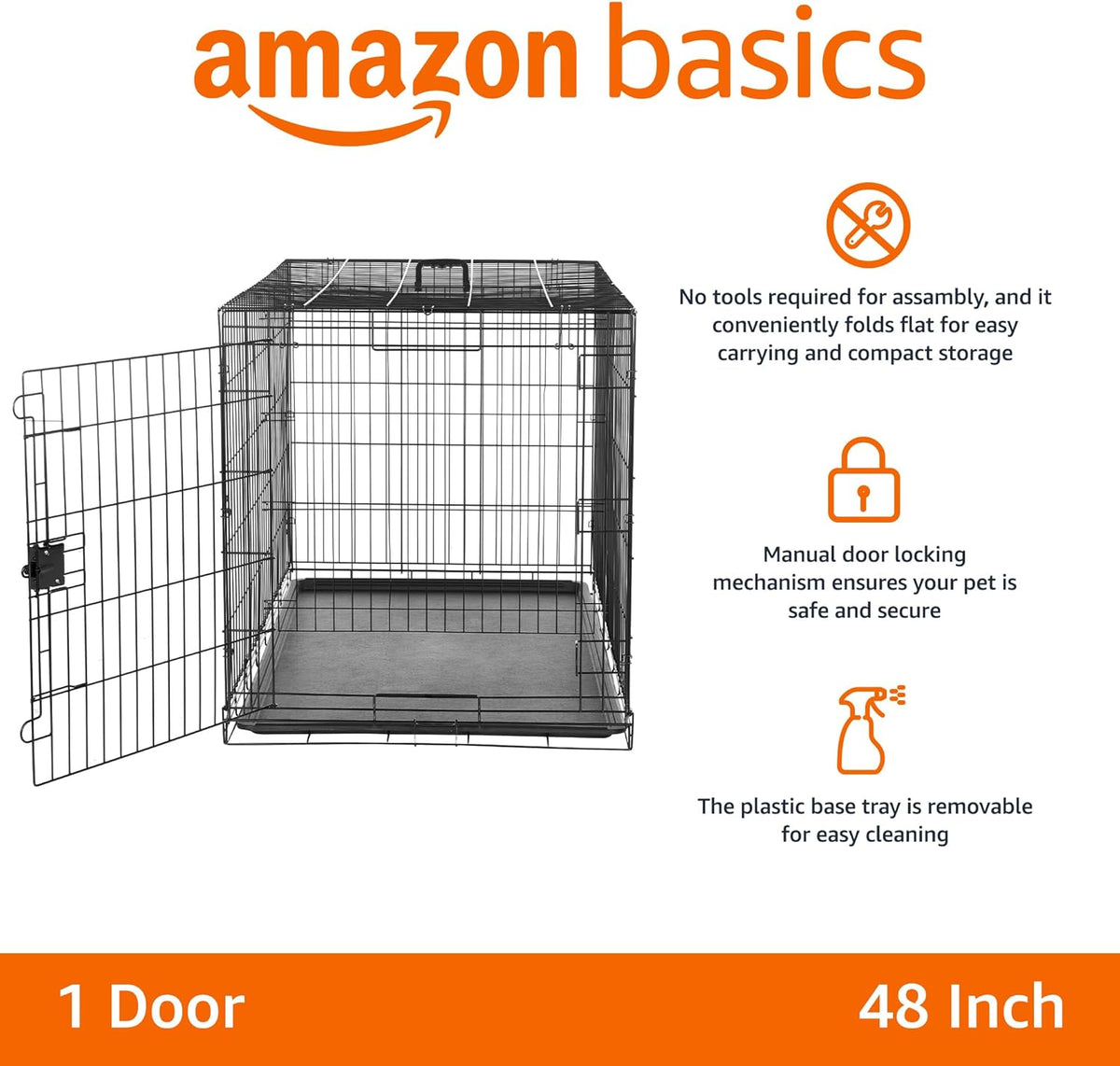 Amazon Basics Durable, Foldable Metal Wire Dog Crate with Tray, Single Door, 48 x 30 x 32.5 in