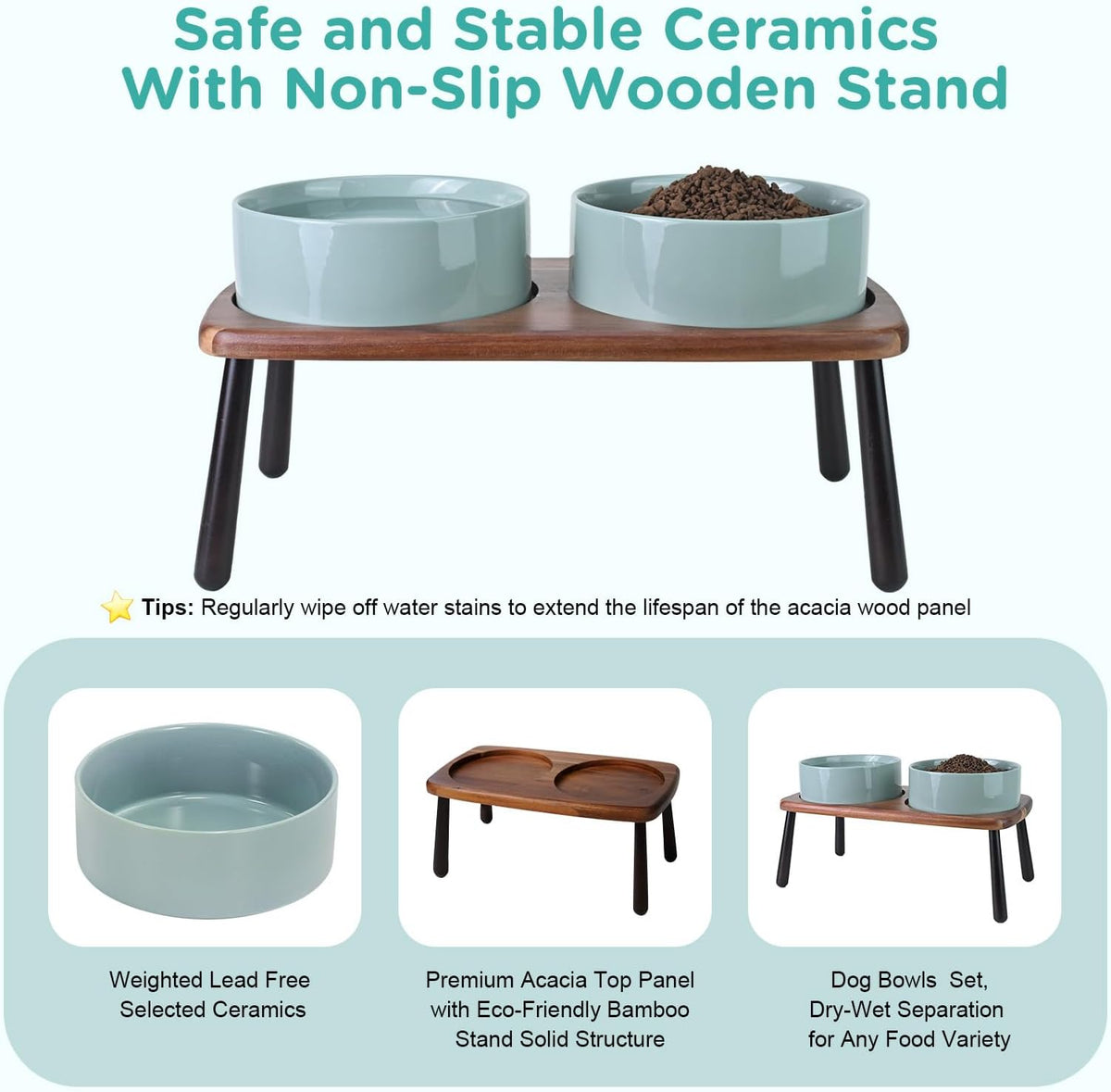 SPUNKYJUNKY Ceramic Elevated Dog Bowls Raised with Acacia Bamboo Wooden Stand, 8.3'' Dog Food Water