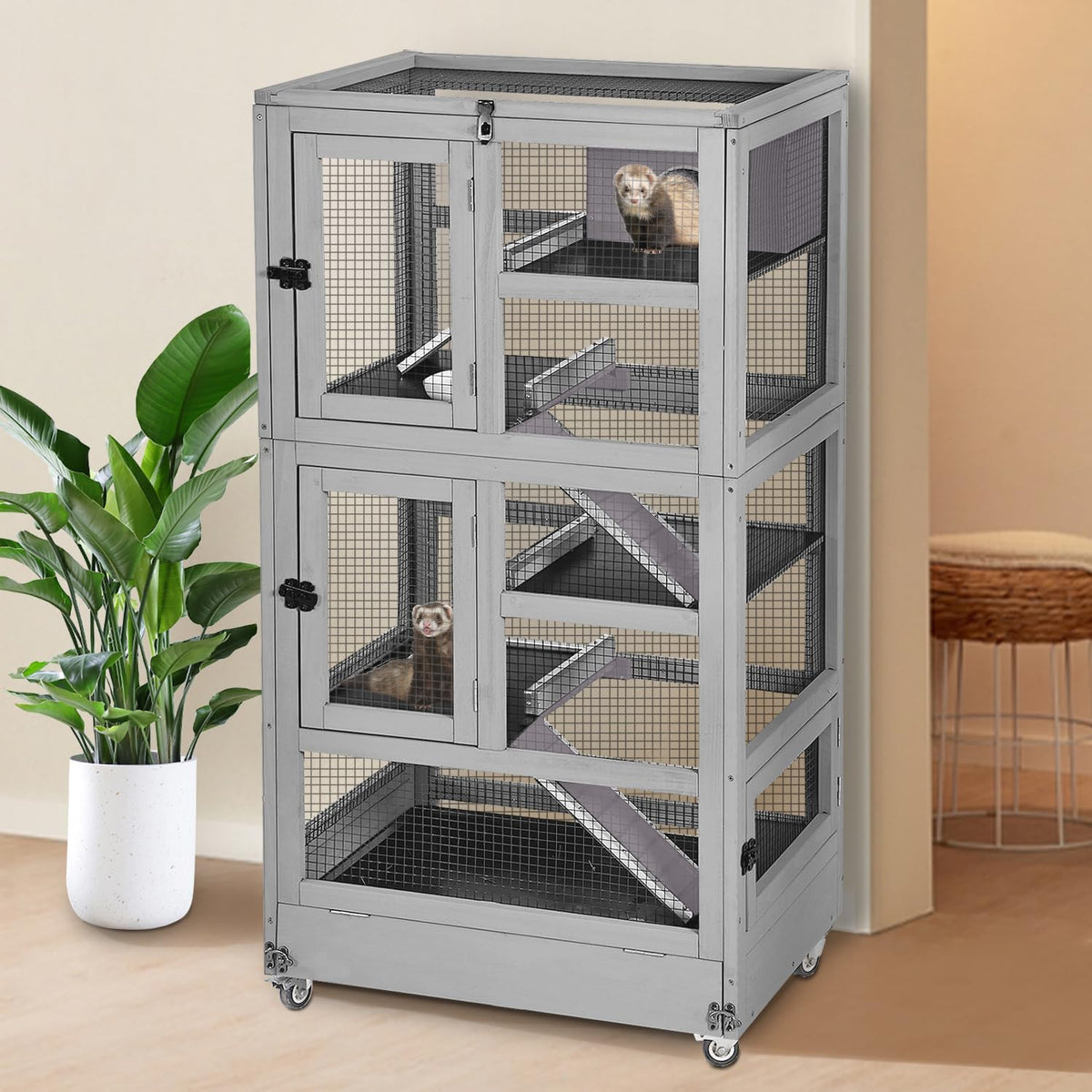 Large Ferret Cage, Chinchilla Cage with 5 Levels, Wooden Guinea Pig Cages with Wheels, Small Animal