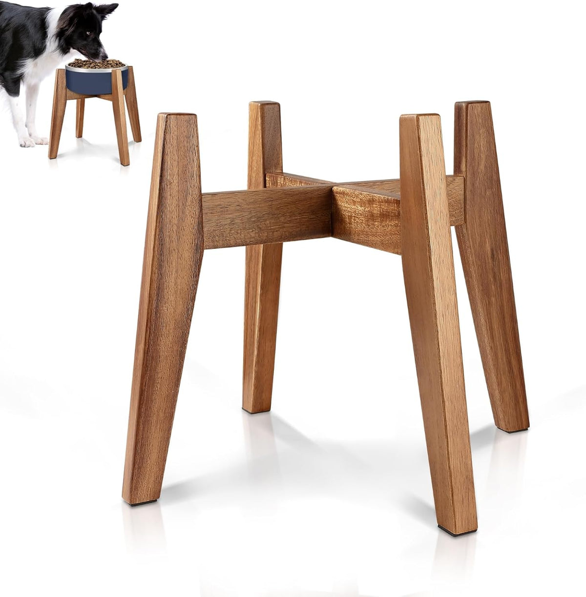 Solid Acacia Hardwood Elevated Dog Bowl Stand, Raised Feeder for Medium & Large Dogs, Fits up to 9″