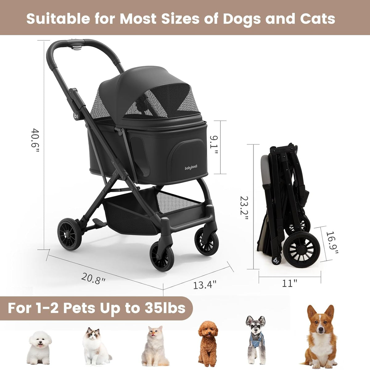 Lightweight Dog Stroller for Small Dogs & Cats Portable Compact Folded Pet Stroller Up to 35lbs