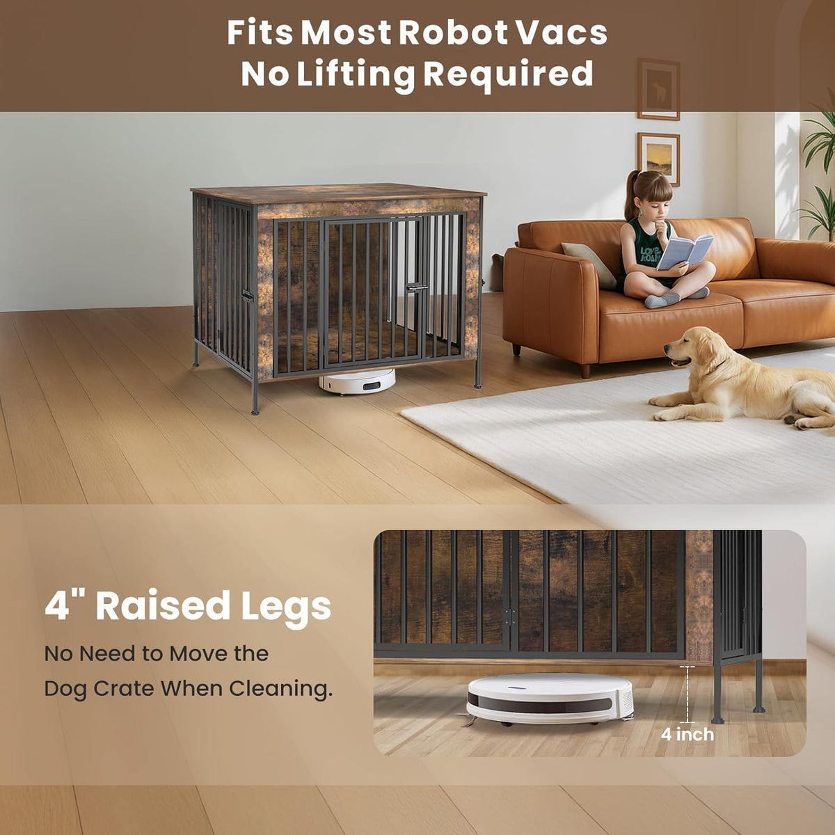 Dog Crate Furniture 40" Sturdy Heavy Duty Dog Kennel Solid Metal Tube Thick Wooden with 3 Lockable