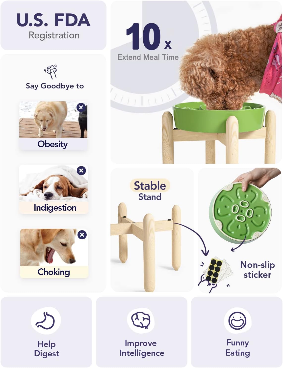 LE TAUCI Ceramic Slow Feeder Dog Bowls Elevated for Small and Medium Breed, Dog Bowls with Wooden