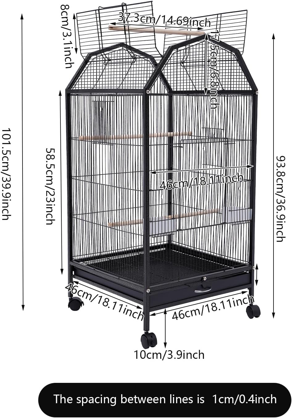 40-Inch Wrought Iron Bird Cage with Open-Top and Rolling Stand, Movable Parrot Cage Pet Bird Flight
