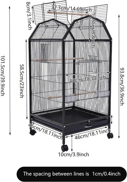 40-Inch Wrought Iron Bird Cage with Open-Top and Rolling Stand, Movable Parrot Cage Pet Bird Flight