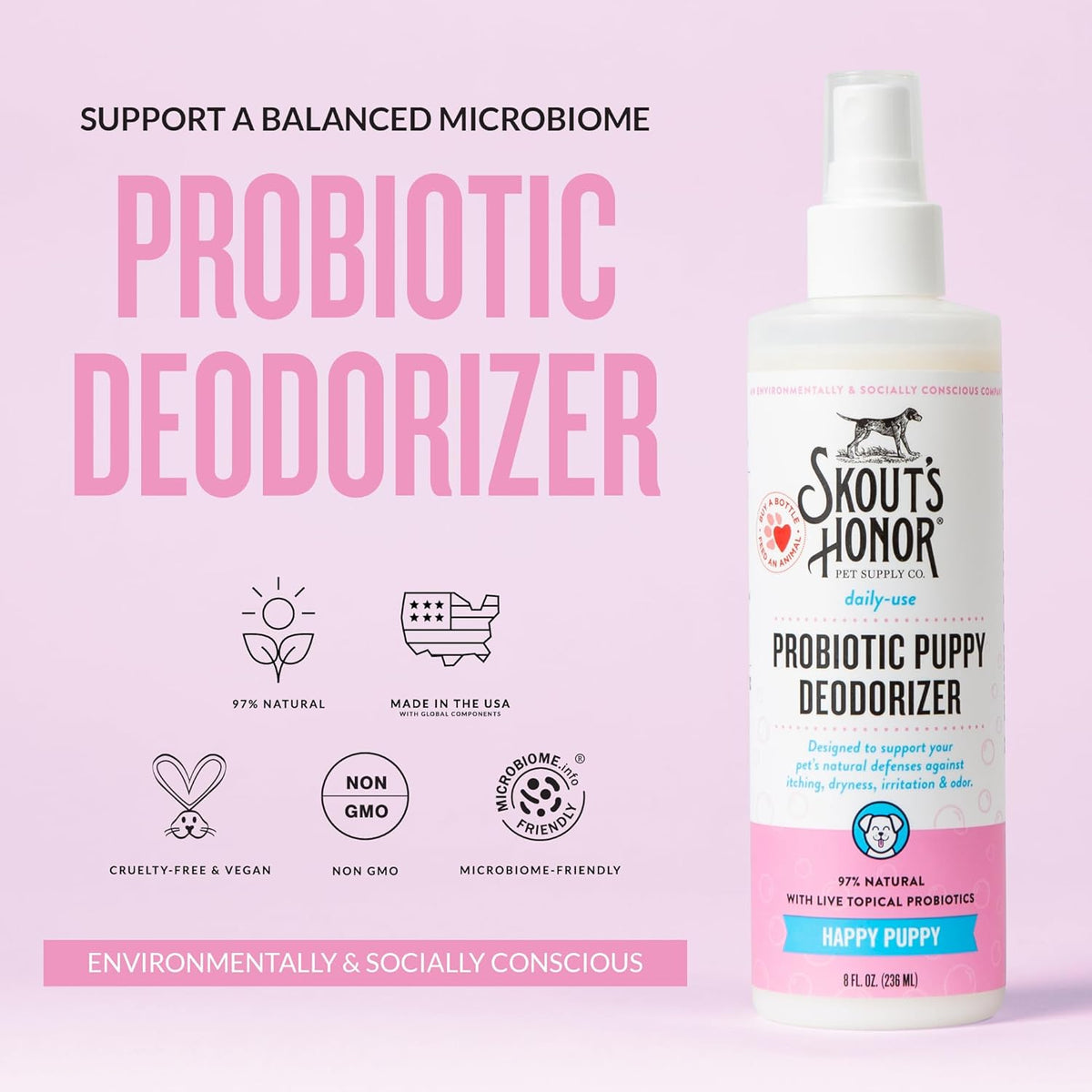 SKOUT'S HONOR Probiotic Deodorizer Spray for Pets- Hydrating Daily-Use with Avocado Oil & Omega-3s
