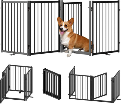 Full Metal Freestanding Dog Gate with Door, 24'' Height Foldable Pet Dog Fence for Indoor &