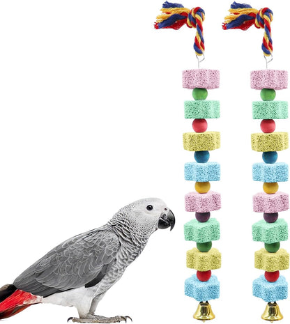 2 Pack Bird Chewing Toy, Colorful Parrot Beak Grinding Calcium Stone with Bells, Cage Accessories