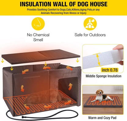 Aivituvin Dog House Insulated Outdoor Dog Kennel with Heated Liner for Winter 59" Extra Large