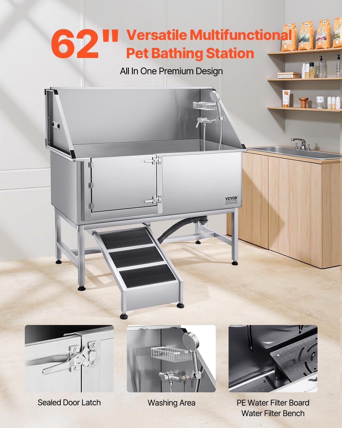 VEVOR Stainless Steel Dog Washing Station, Professional 62 inch Pet Grooming Tub w/Ramp, PE Water