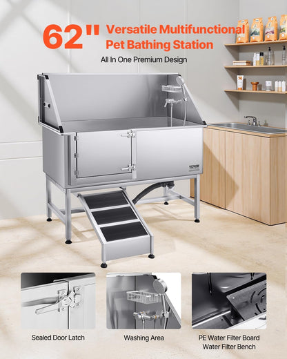 VEVOR Stainless Steel Dog Washing Station, Professional 62 inch Pet Grooming Tub w/Ramp, PE Water