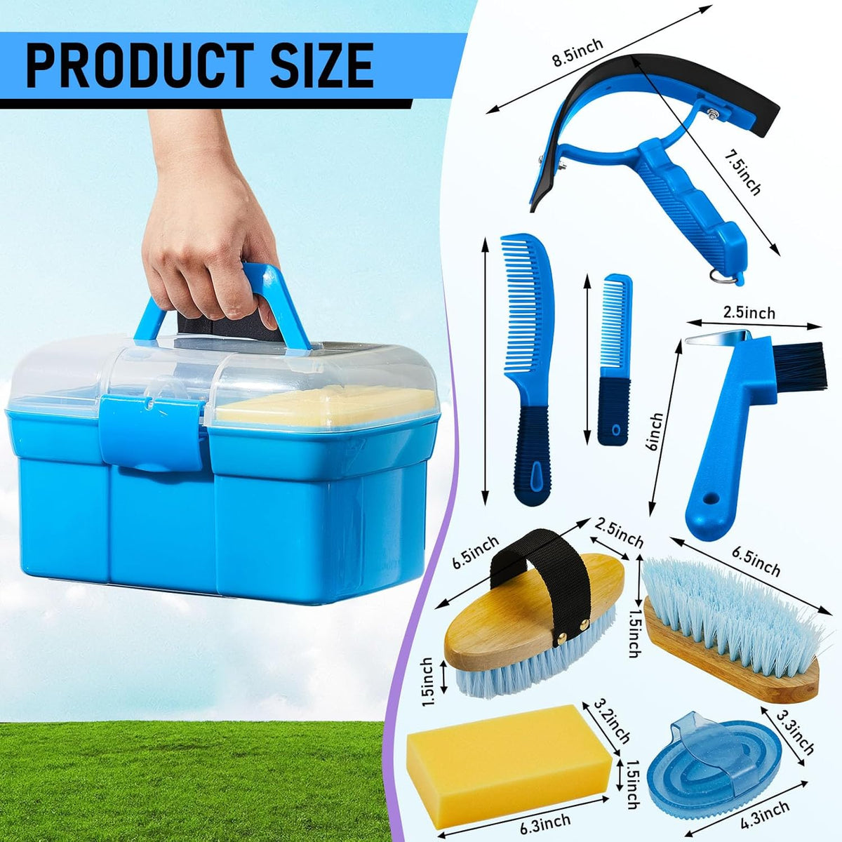 Cunhill 9 Pieces Horse Grooming Kit Tack Room Supplies Set with Organizer Tote Box, Oval Massage