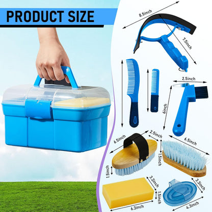 Cunhill 9 Pieces Horse Grooming Kit Tack Room Supplies Set with Organizer Tote Box, Oval Massage