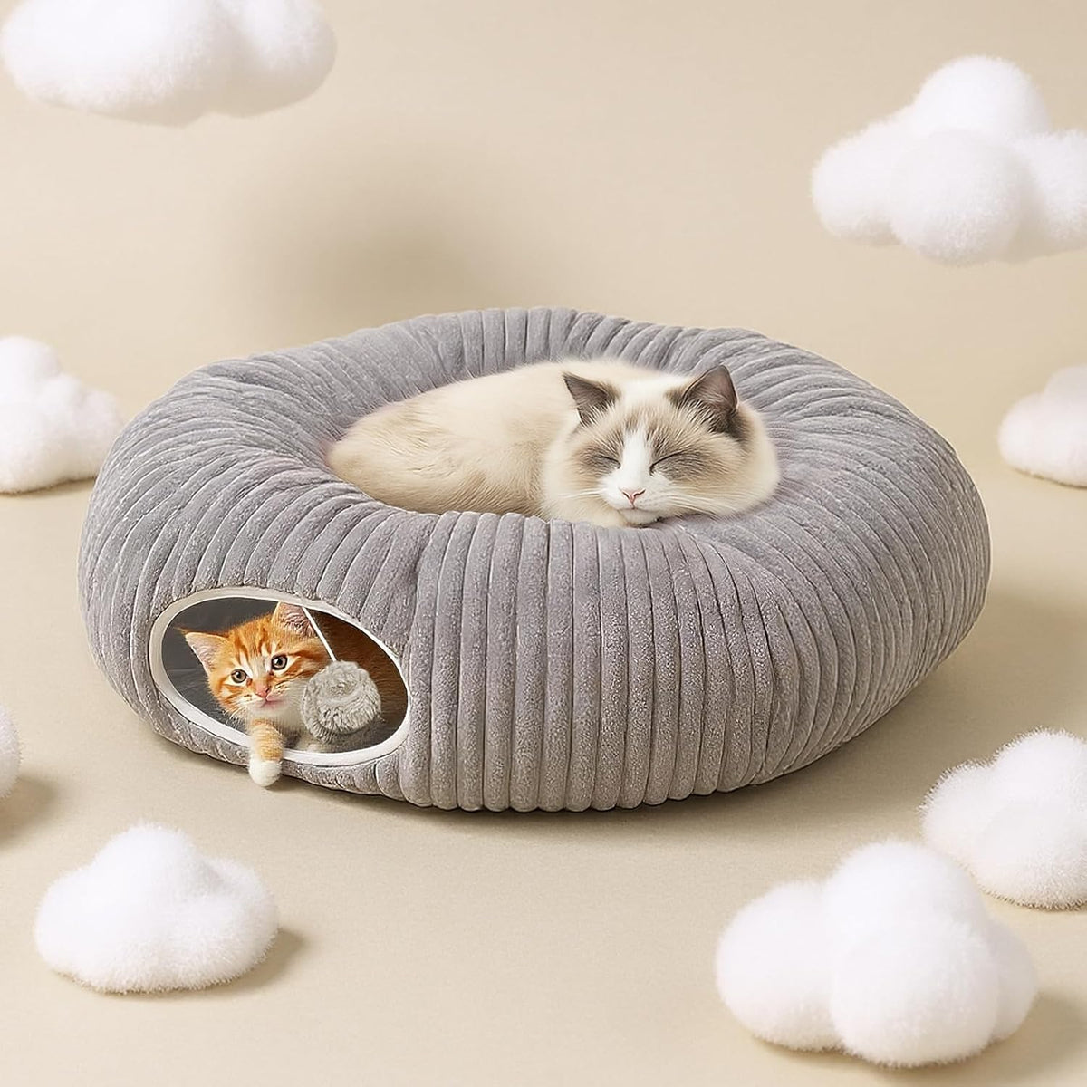 Cat Tunnel Bed for Indoor Cats, Peekaboo Cat Cave Bed,Soft Cat Donut Tunnel for Kitten Large Cats