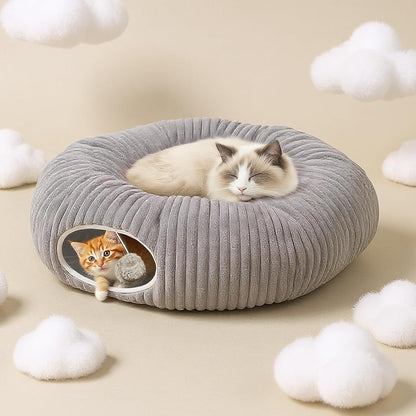 Cat Tunnel Bed for Indoor Cats, Peekaboo Cat Cave Bed,Soft Cat Donut Tunnel for Kitten Large Cats