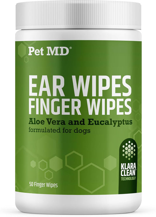 Pet MD Ear Finger Wipes for Dogs - Extra-Coverage and Large Design - with Eucalyptus and Aloe Vera