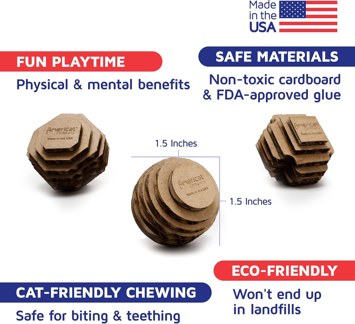 Cat Ball Toys by Americat – Made in USA – Safe Cardboard Cat Toys – for Interactive and Independent