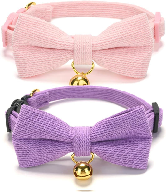 2 Pack Soft Corduroy Cat Collars with Bow Tie & Bell, Adjustable Breakaway Cotton Kitty Bowtie