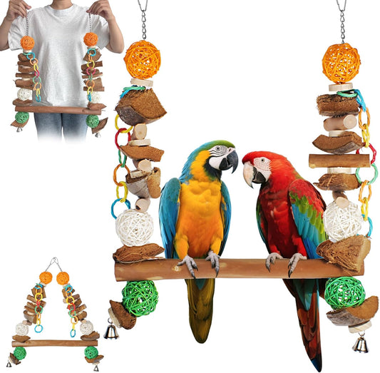3-in-1 Parrot Toys Natural Coconut Fiber Parrot Hammock (Swing + Perch + Chew Toy) Natural Bird