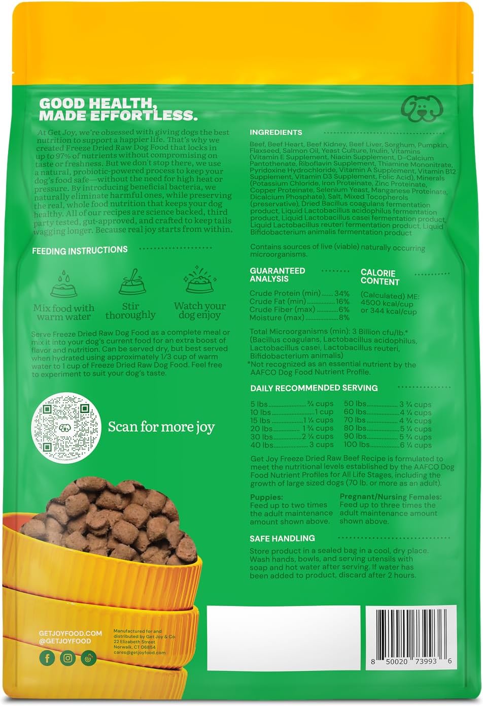 Get Joy Gut Health Fresh Freeze Dried Raw Meal, Beef Recipe, 16 Ounce Bag, Dog Food for Dogs of All