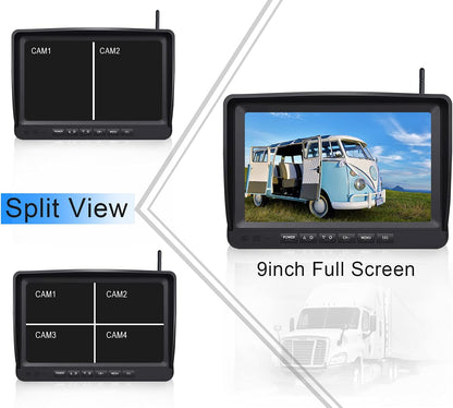 9" Wireless Backup Camera System for RV Truck Trailer Camper, 9 Inch DVR Quad Split Monitor IP69
