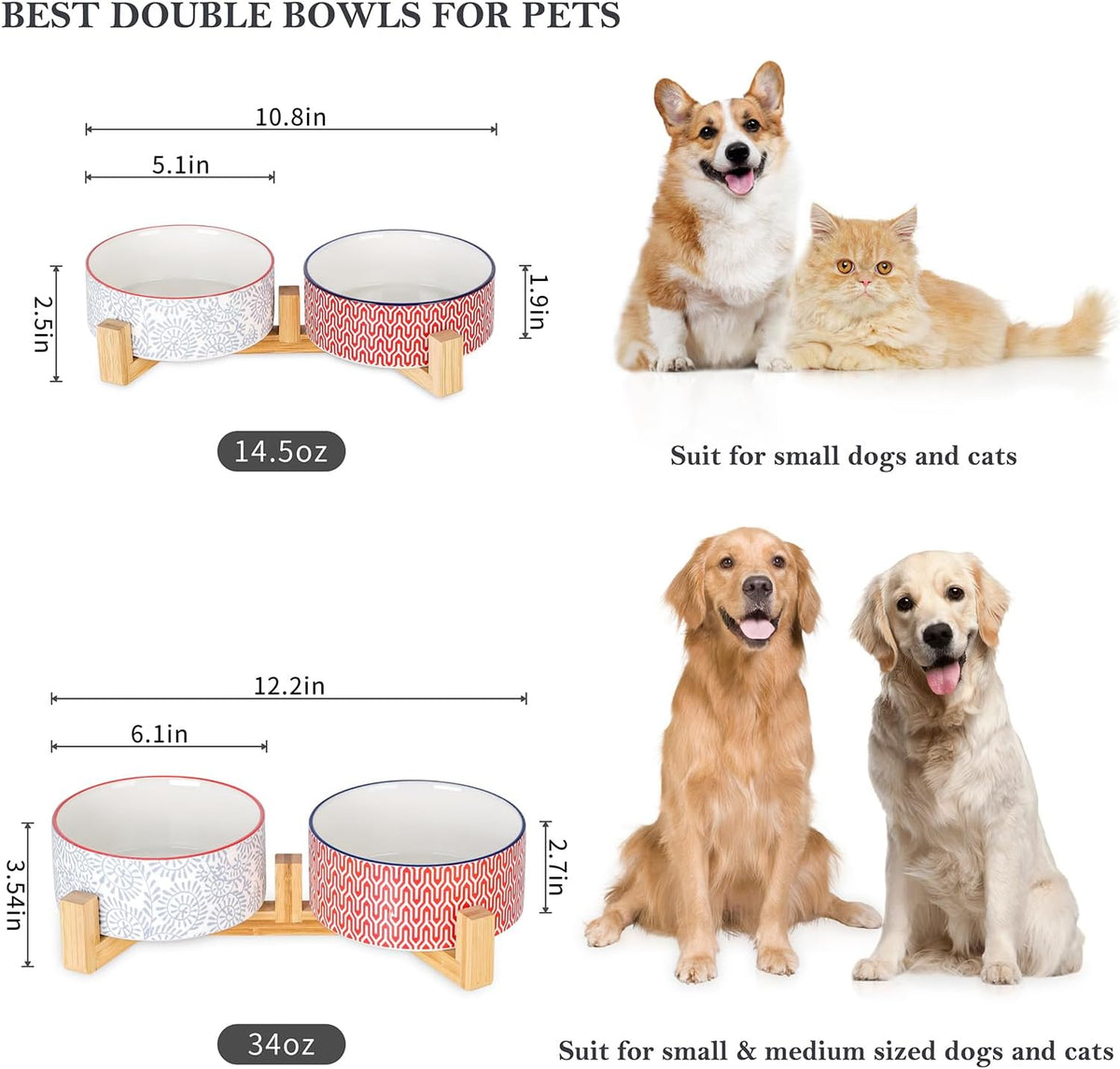 Selamica Ceramic 14 oz Dog Bowls - Anti-Slip Pet Dishes Set with Wooden Stand for Cats & Small