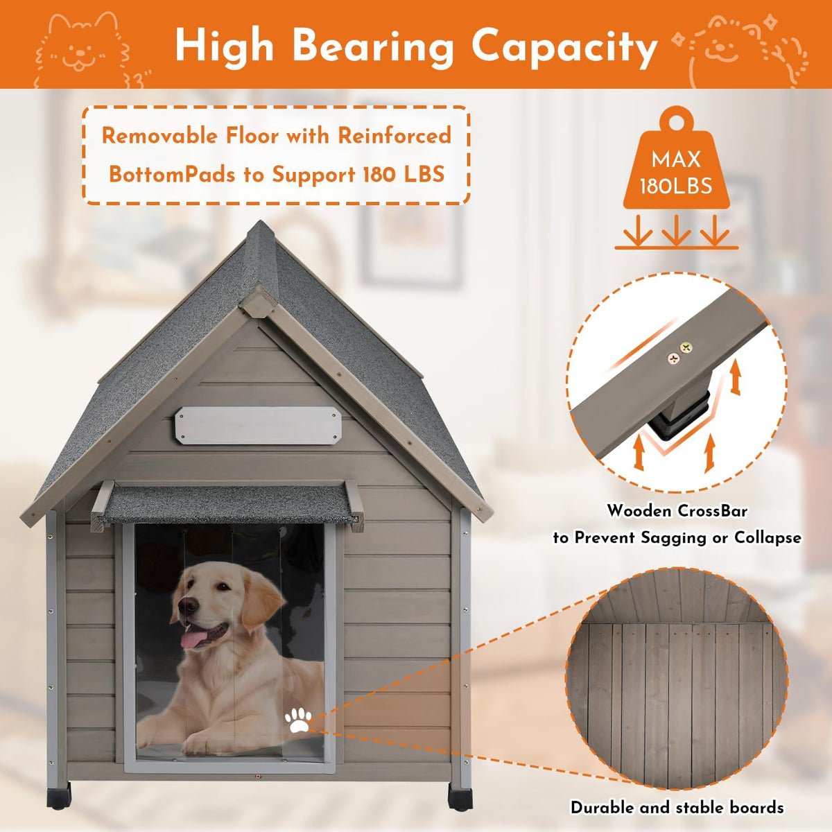 Outdoor Dog House Weatherproof Large Wooden Dog Kennel Indoor for Small Dogs with Chew-Proof Frame