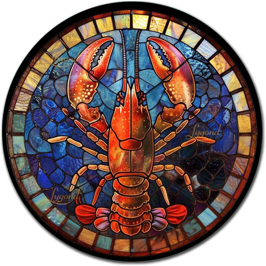 Lygond Metal Sign Tin Sign Circular Stained Glass Lobster Gardening Decor Gift for Garage 12×12