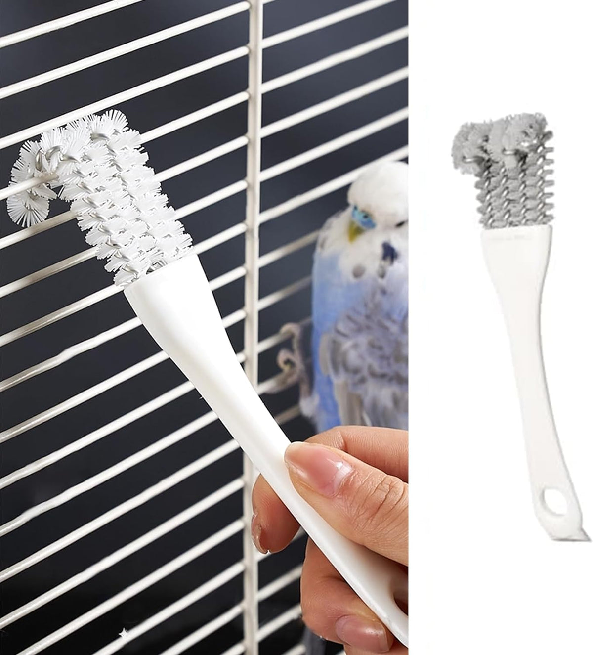 MANON ROSA 2-in-1 Bird Cage Cleaner Brush & Scoop with Long Handle and Curved Brush Head - for
