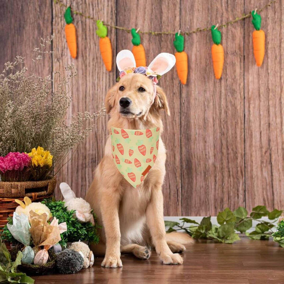PTDECOR Easter Dog Bandana, Green and Yellow Rabbit Carrot Reversible Holiday Dog Scarf, Multi