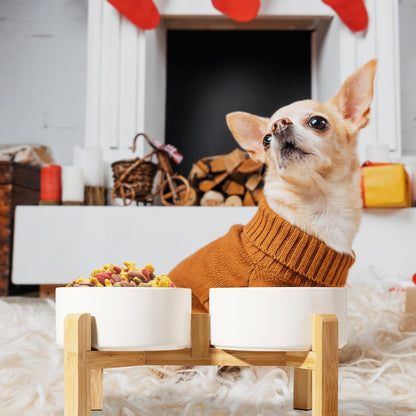 Elevated Ceramic Dog Bowl Set - Raised Dog Bowls with Non-Slip Bamboo Stand - Dog Food and Water
