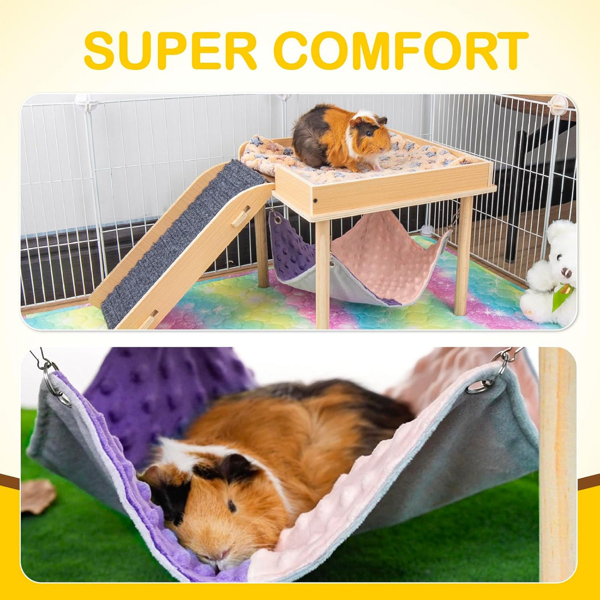 Enlarged Guinea Pig Hammock with Platform and Stairs,Wooden Small Animal Hideout for Guinea Pigs