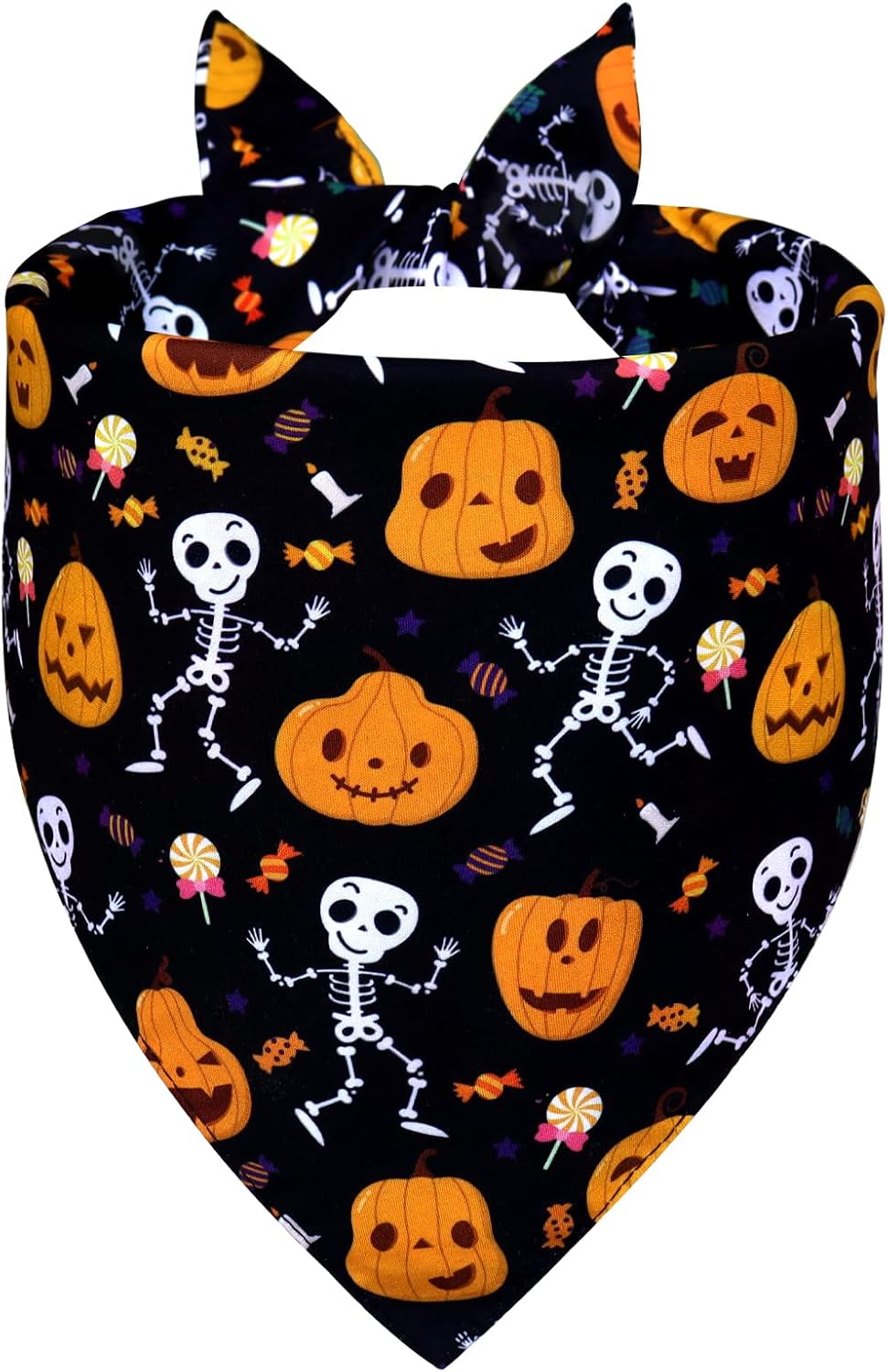 Halloween Dog Bandana for Large Dogs - Reversible Black Skull Pumpkin Print Scarf - Soft &
