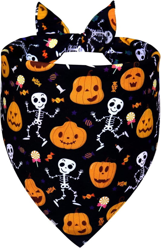 Halloween Dog Bandana for X-Large Dogs - Reversible Black Skull Pumpkin Print Scarf - Soft &