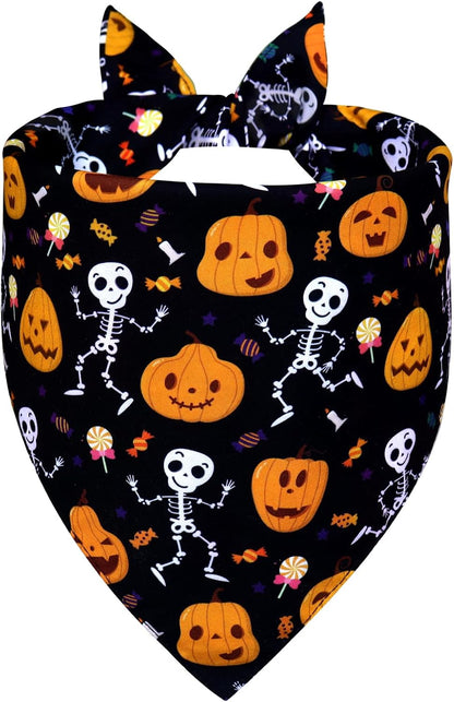 Halloween Dog Bandana for Small Dogs - Reversible Black Skull Pumpkin Print Scarf - Soft &