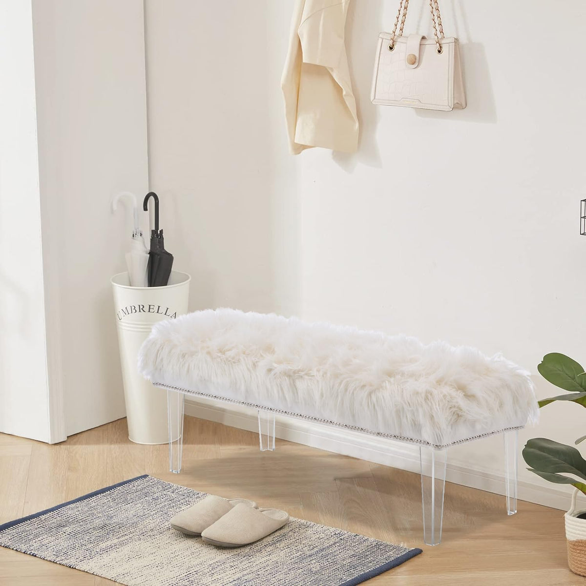 46 Inch White Bedroom Bench, Benches for Bedroom White Faux Fur Upholstered Bed end Bench, Tufting